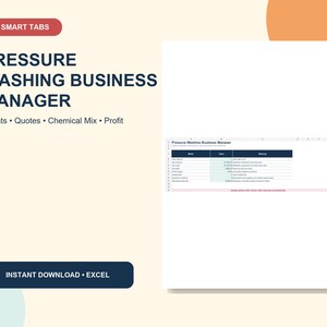 Puede incluir: Una plantilla de hoja de cálculo digital titulada Pressure Washing Business Manager con 6 pestañas inteligentes para clientes, presupuestos, mezclas químicas y beneficios. El documento tiene un encabezado azul oscuro y formato Excel.