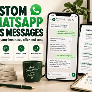 Puede incluir: Una pantalla de marketing digital con el texto CUSTOM WHATSAPP SALES MESSAGES, un teléfono inteligente con una interfaz de chat, una tableta con plantillas de mensajes editables, una taza verde con texto y un cuaderno.