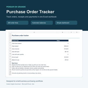 Puede incluir: Una plantilla de libro de trabajo de Excel para el seguimiento de órdenes de compra digitales que incluye un panel con campos para líneas de pedido, total pedido, valor recibido, valor pendiente, importe pagado y saldo a pagar.