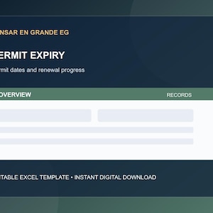 May include: A digital dashboard interface titled PERMIT EXPIRY with the subtitle Permit dates and renewal progress. The layout features an overview section with headers labeled OVERVIEW and RECORDS, presented as an editable Excel template.