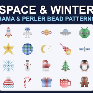May include: A digital collection of Hama and Perler bead patterns titled SPACE & WINTER. The grid displays twenty colorful pixel-art designs including a rocket, astronaut, planet, UFO, alien, star, earth, moon, comet, satellite, snowflake, snowman, mitten, tree, penguin, hat, candy cane, gift, mug, and gingerbread person.