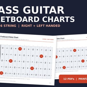 Bass Guitar Fretboard Chart Pack, Printable Bass Notes Chart for 4, 5 and 6 String, Left Handed and Right Handed PDF