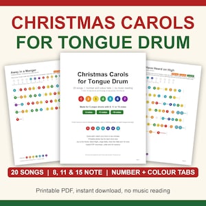 Pode incluir: Um livro de música digital intitulado Christmas Carols for Tongue Drum com 20 canções, abas numeradas e codificadas por cores para tambores em dó maior de 8, 11 e 15 notas. As páginas mostram notação musical com círculos coloridos e números.