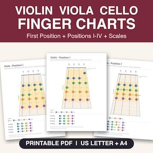 May include: Three instructional finger charts for violin, viola, and cello displayed on white paper. The text reads VIOLIN VIOLA CELLO FINGER CHARTS, First Position + Positions I-IV + Scales, and PRINTABLE PDF | US LETTER + A4.