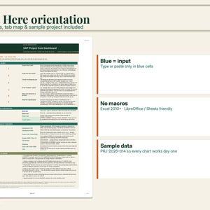 May include: A digital document titled Start Here orientation featuring an SAP Project Cost Dashboard guide. It includes sections for quick start instructions, color coding rules, and project details. The layout displays text boxes for input, macro-free compatibility, and sample data for project PRJ-2026-014.