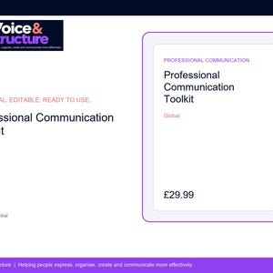 Puede incluir: Una visualización de producto digital para un Professional Communication Toolkit. El gráfico presenta el logotipo de Voice & Structure, el texto Practical. Editable. Ready to use. y una tarjeta enmarcada con el título y el código PC-CO001-Global.