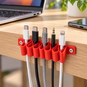 Op de afbeelding: Een felrode siliconen kabelorganizer bevestigd aan een houten oppervlak met twee zilverkleurige schroeven. De organizer heeft zes flexibele lussen die verschillende oplaadkabels vasthouden, waaronder USB-C, een gevlochten kabel, een audio-aansluiting en een Lightning-connector.