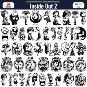 May include: A collection of 80 black and white digital illustrations featuring characters from Inside Out 2. The set includes individual character poses and circular badges with the text Sadness, Anxiety, Fear, Anger, Disgust, Joy, and Envy.