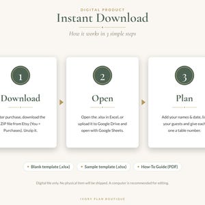 Puede incluir: Un gráfico de instrucciones de producto digital titulado Instant Download. Describe tres pasos: 1. Descargar el archivo ZIP, 2. Abrir el archivo .xlsx en Excel o Google Sheets, 3. Planificar añadiendo nombres, fechas y números de mesa. Incluye lista.