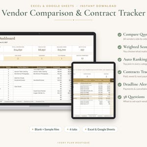 Wedding Vendor Comparison and Contract Tracker, Compare Vendor Quotes, Weighted Scores, Payment & Deadline Tracker, Excel Google Sheets