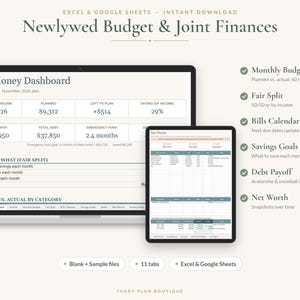 Peut inclure: Un modèle de feuille de calcul numérique Newlywed Budget & Joint Finances pour Excel et Google Sheets. L'affichage présente un tableau de bord financier avec des suivis de revenus, de dettes et d'épargne, ainsi qu'une liste de fonctionnalités incluant budget mensuel, répartition équitable, calendrier des factures, objectifs d'épargne, remboursement de dettes et valeur nette.