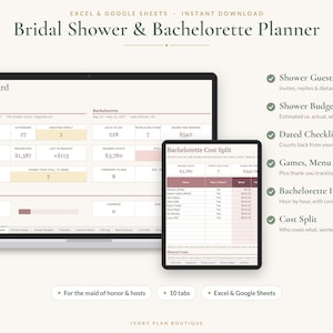 May include: A digital Bridal Shower and Bachelorette Planner template for Excel and Google Sheets. The display shows a dashboard with event details, budget tracking, guest lists, and cost split tables. Features include checklists, itineraries, and logs.