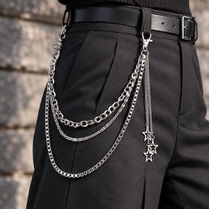 Stjärnbyxkedja, Treskiktad jeanskedja, Silver Y2K-midjekedja, Punk Gotisk byxkedja, Streetwear-accessoar