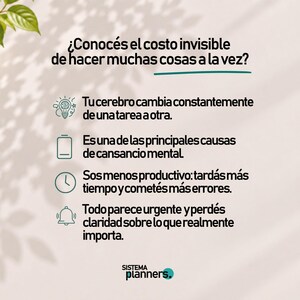 K&ouml;nnte beinhalten: Eine Infografik mit dem Titel "&iquest;Conoc&eacute;s el costo invisible de hacer muchas cosas a la vez?" und vier Symbolen: ein Gehirn, eine Batterie, eine Uhr und eine Glocke, jeweils mit Text &uuml;ber geistige Ersch&ouml;pfung und Produktivit&auml;tsverlust.