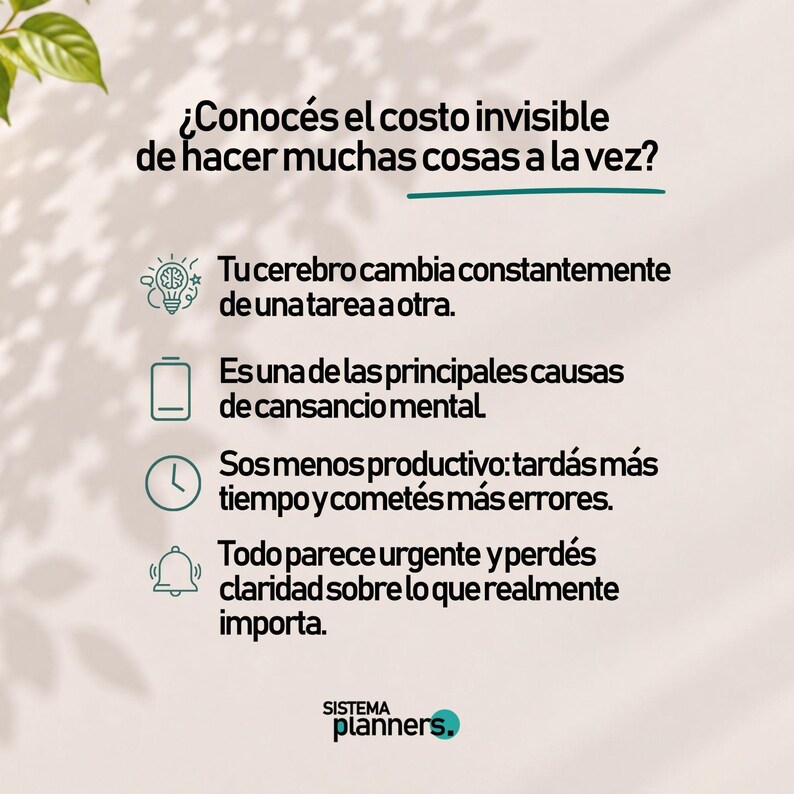 K&ouml;nnte beinhalten: Eine Infografik mit dem Titel "&iquest;Conoc&eacute;s el costo invisible de hacer muchas cosas a la vez?" und vier Symbolen: ein Gehirn, eine Batterie, eine Uhr und eine Glocke, jeweils mit Text &uuml;ber geistige Ersch&ouml;pfung und Produktivit&auml;tsverlust.