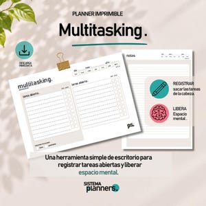 Op de afbeelding: Een printbare multitasking planner set bestaande uit twee witte vellen met zwarte tekst, inclusief secties voor open taken, selectievakjes en notities. Het ontwerp bevat een gouden paperclip, een potloodpictogram en een hersenpictogram.