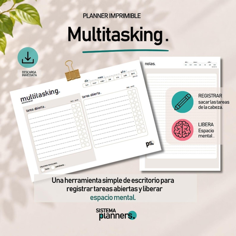 K&ouml;nnte beinhalten: Ein druckbares Multitasking-Planer-Set bestehend aus zwei wei&szlig;en Bl&auml;ttern mit schwarzem Text, inklusive Bereichen f&uuml;r offene Aufgaben, Checkboxen und Notizen. Das Design enth&auml;lt eine goldene B&uuml;roklammer, ein Stift-Symbol und ein Gehirn-Symbol.