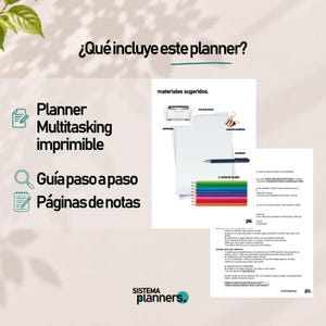 K&ouml;nnte beinhalten: Ein druckbares Multitasking-Planer-Set mit dem Text &iquest;Qu&eacute; incluye este planner?, Planner Multitasking imprimible, Gu&iacute;a paso a paso und P&aacute;ginas de notas. Enth&auml;lt Abbildungen eines Druckers, von B&uuml;roklammern, einem Stift und Buntstiften.