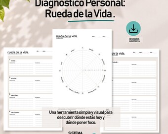 Könnte beinhalten: Ein druckbarer persönlicher Diagnoseplaner mit einem Lebensrad-Diagramm. Das Dokument enthält Abschnitte für Familie, Freundschaft, körperliche Gesundheit, psychische Gesundheit, Arbeit und Finanzen mit Linien für Notizen und einem kreisförmigen Diagramm.