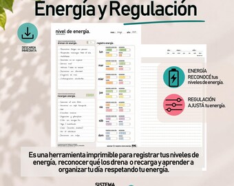 Könnte beinhalten: Ein druckbarer Energie- und Regulationsplaner mit täglichen Tracking-Tabellen, Listen für energieraubende und aufladende Aktivitäten sowie Abschnitten zur Erfassung der Energielevel von Montag bis Sonntag.