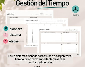 Könnte beinhalten: Ein druckbares Planer-Set mit dem Titel Gestion del Tiempo, das Vorlagen für Ziele, wöchentliches Management und Aufgabenverfolgung enthält. Die Seiten umfassen Bereiche für Ziele, Wochenpläne und Aufgabenpriorisierung mit Kontrollkästchen, alles in einem klaren schwarz-weißen Layout.