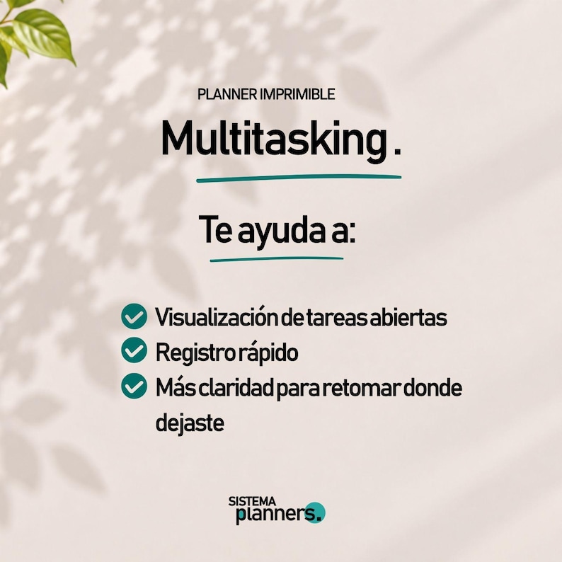 K&ouml;nnte beinhalten: Eine druckbare Planerseite mit dem Text PLANNER IMPRIMIBLE Multitasking. Te ayuda a: Visualizaci&oacute;n de tareas abiertas, Registro r&aacute;pido, M&aacute;s claridad para retomar donde dejaste. Enth&auml;lt drei gr&uuml;ne H&auml;kchen-Symbole.