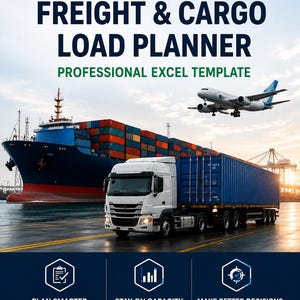 Puede incluir: Una plantilla digital de Excel para planificación de carga y flete con el texto FREIGHTWORKBENCH, FREIGHT & CARGO LOAD PLANNER y PROFESSIONAL EXCEL TEMPLATE. La imagen muestra un buque de carga, un camión blanco y un avión en el cielo.