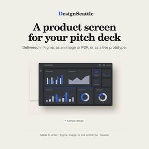 May include: A digital dashboard interface featuring dark gray panels with blue and white data visualizations, including bar charts, line graphs, and circular progress rings. The text reads DesignSeattle, A product screen for your pitch deck, and Sample design.