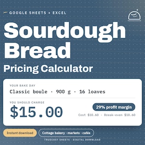 Könnte beinhalten: Ein digitaler Preisrechner für Sauerteigbrot für Google Sheets und Excel. Die Benutzeroberfläche zeigt eine Zusammenfassung für 16 Laibe à 900 g, einen empfohlenen Preis von 15,00 $, eine Gewinnspanne von 29 % sowie die Kosten an.