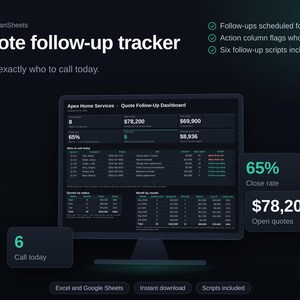 May include: A digital quote follow-up tracker dashboard displayed on a computer monitor. The interface features Apex Home Services branding, metrics for open quotes, close rates, and a detailed table listing customer names, phone numbers, and call actions.