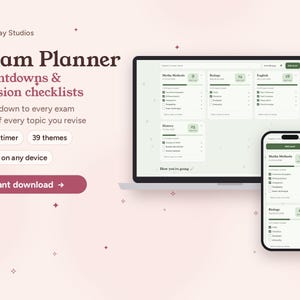 Può includere: Un pianificatore di esami digitale visualizzato su uno schermo di laptop e smartphone. L'interfaccia presenta conti alla rovescia e liste di controllo per la revisione di materie come Maths Methods, Biology, English e History. Il testo include Exam Planner, Countdowns & revision checklists, Study timer, 39 themes, Works on any device e Instant download.