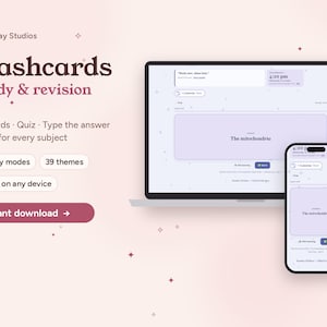Könnte beinhalten: Eine digitale Lern- und Wiederholungs-App-Oberfläche auf einem Laptop und Smartphone. Der Bildschirm zeigt Lernkarten mit dem Text The mitochondrio. Das Layout enthält Schaltflächen für Lernmodi, Themen und einen Sofort-Download-Button.