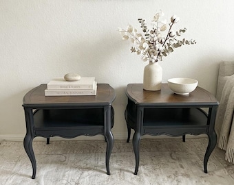 Refinished Vintage Weiman Side Tables | Pair of French Provincial End Tables | Moody Dark Gray & Stained Wood Two-Tone Finish | 1959