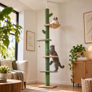 Pode incluir: Uma árvore para gatos do chão ao teto em forma de cacto verde com várias plataformas, uma rede circular bege no topo e uma bola de brinquedo suspensa. A estrutura apresenta postes cobertos de sisal verde e plataformas forradas com carpete bege.