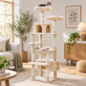 Árbol rascador moderno para gatos de 182 cm de altura, gran torre para gatos con casita, hamaca y postes rascadores de sisal.