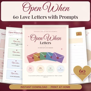 May include: A set of printable Open When love letters with prompts, featuring a central cover page with five colorful envelopes, 60 letter pages, 180 writing prompts, 72 envelope labels, and 4 envelope templates in a soft pastel color palette.