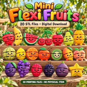 May include: A collection of twenty colorful, articulated fruit figurines with smiling faces, including a strawberry, banana, watermelon, cherry, apple, pear, pineapple, melon, lemon, orange, kiwi, peach, grape, raspberry, blackberry, fig, and starfruit.