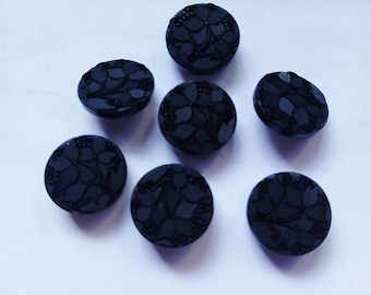 7 Black Carved Flowers Sewing Buttons 11/16 Inch #MAW