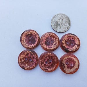 Puede incluir: Seis botones redondos de dos agujeros con una base transl&uacute;cida de color &aacute;mbar y marr&oacute;n rojizo con inclusiones moteadas de colores m&aacute;s claros. Una moneda plateada se sit&uacute;a encima para dar escala, midiendo aproximadamente 1,8 cm de di&aacute;metro.