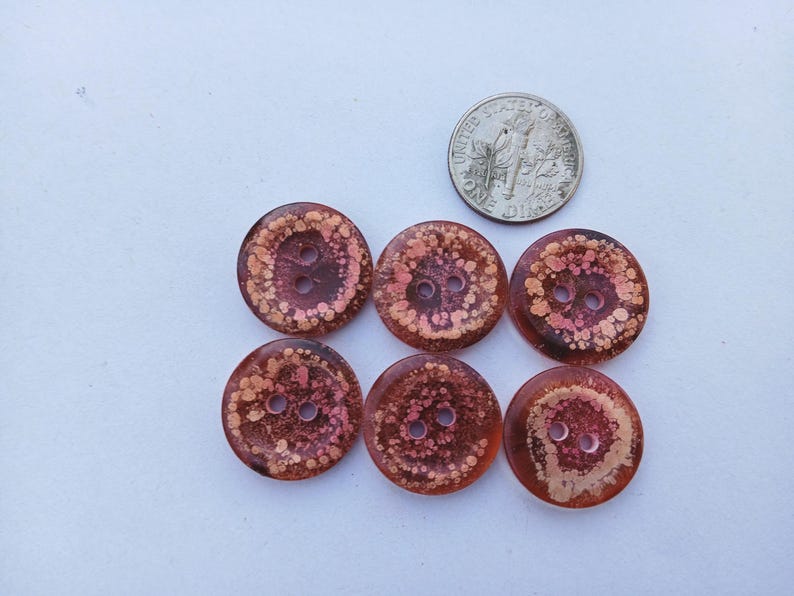 Puede incluir: Seis botones redondos de dos agujeros con una base transl&uacute;cida de color &aacute;mbar y marr&oacute;n rojizo con inclusiones moteadas de colores m&aacute;s claros. Una moneda plateada se sit&uacute;a encima para dar escala, midiendo aproximadamente 1,8 cm de di&aacute;metro.