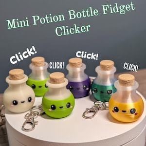 May include: Six mini potion bottle fidget clickers with cork stoppers and metal keychains. Each bottle features a cute face with black eyes and pink cheeks, in colors including white, lime green, purple, teal, and yellow. Text reads Mini Potion Bottle Fidget Clicker and Click!