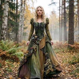 Puede incluir: Un vestido largo de color verde oliva que presenta un corpiño estructurado con un diseño de caja torácica en relieve, mangas largas y una falda voluminosa adornada con rosas de tela en cascada en tonos marrón, verde y rojo apagado.
