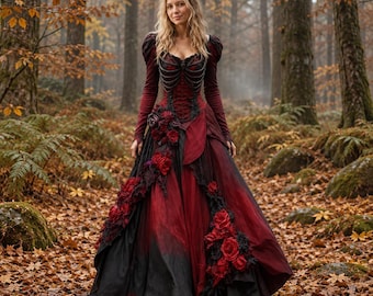 Abito da strega cremisi, abito da ballo con corpetto scheletrico, costume di Halloween nero e rosso, abito lungo gotico a maniche lunghe