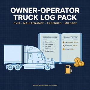 May include: An owner-operator truck log pack graphic featuring a semi-truck, an open inspection checklist, and expense tracking. Text includes OWNER-OPERATOR TRUCK LOG PACK, DVIR, MAINTENANCE, EXPENSES, MILEAGE, and WRIGHT MAINTENANCE SYSTEMS.