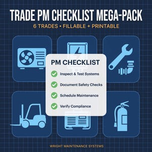 Könnte beinhalten: Ein digitales Trade PM Checklist Mega-Pack Dokument mit dunkelblauem Rasterhintergrund. Es zeigt sechs hellblaue Symbole für verschiedene Gewerke, darunter eine Klimaanlage, einen Schaltkasten, einen Schraubenschlüssel, einen Gabelstapler, einen Generator und einen Feuerlöscher, mit einer zentralen weißen Liste.