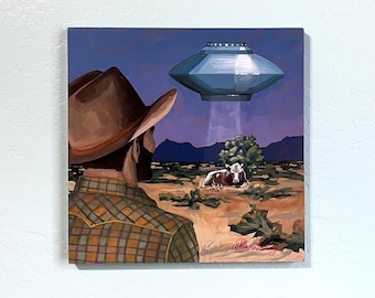 A Cowboy's Lament - Desert Cow Alien Abduction Funny Humorous Art - Original Acrylic Painting