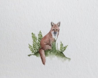 Red Fox - Fox and Ferns - Miniature Original Watercolor Painting Drawing - Nursery Art Home Decor - 5x7 Artwork by Mia Vredenburg