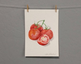 May include: Watercolor painting of four red tomatoes, three whole and one cut in half, on a white background. The painting is signed "Cora Wendorf".