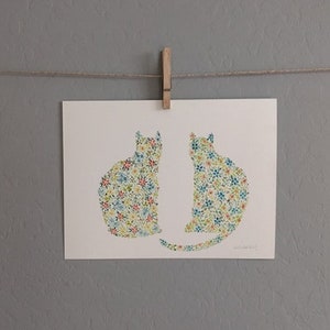 Flower Cats - Floral Felines - Sitting Cats - Best Friends - Original Watercolor Painting - 9X12 Artwork by Mia Vredenburg