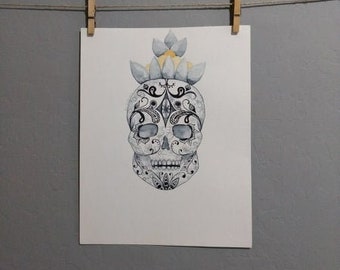 Isabella - Dia De Los Muertos Sugar Skull Halloween - Original Watercolor and Ink Painting Drawing - 11x14 Artwork by Mia Vredenburg